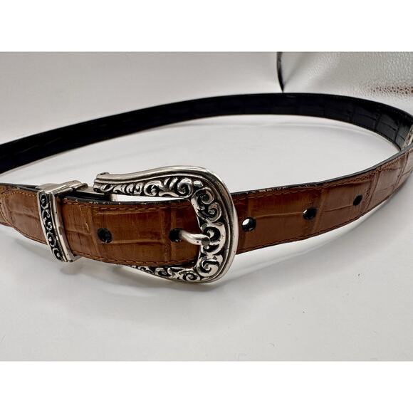 Reversible Brighton Style Leather Belt XL Brown Navy Croc Embossed Scroll Buckle main image 9